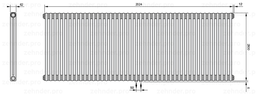 Схема (чертеж) Радиатор Zehnder Charleston 2280/44 №5410 Белый глянцевый RAL 9016